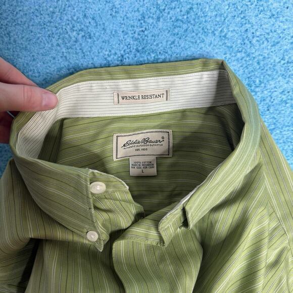 Eddie Bauer Men’s L Wrinkle-Free Green Button Down Shirt Cotton Long Sleeve - Picture 15 of 16